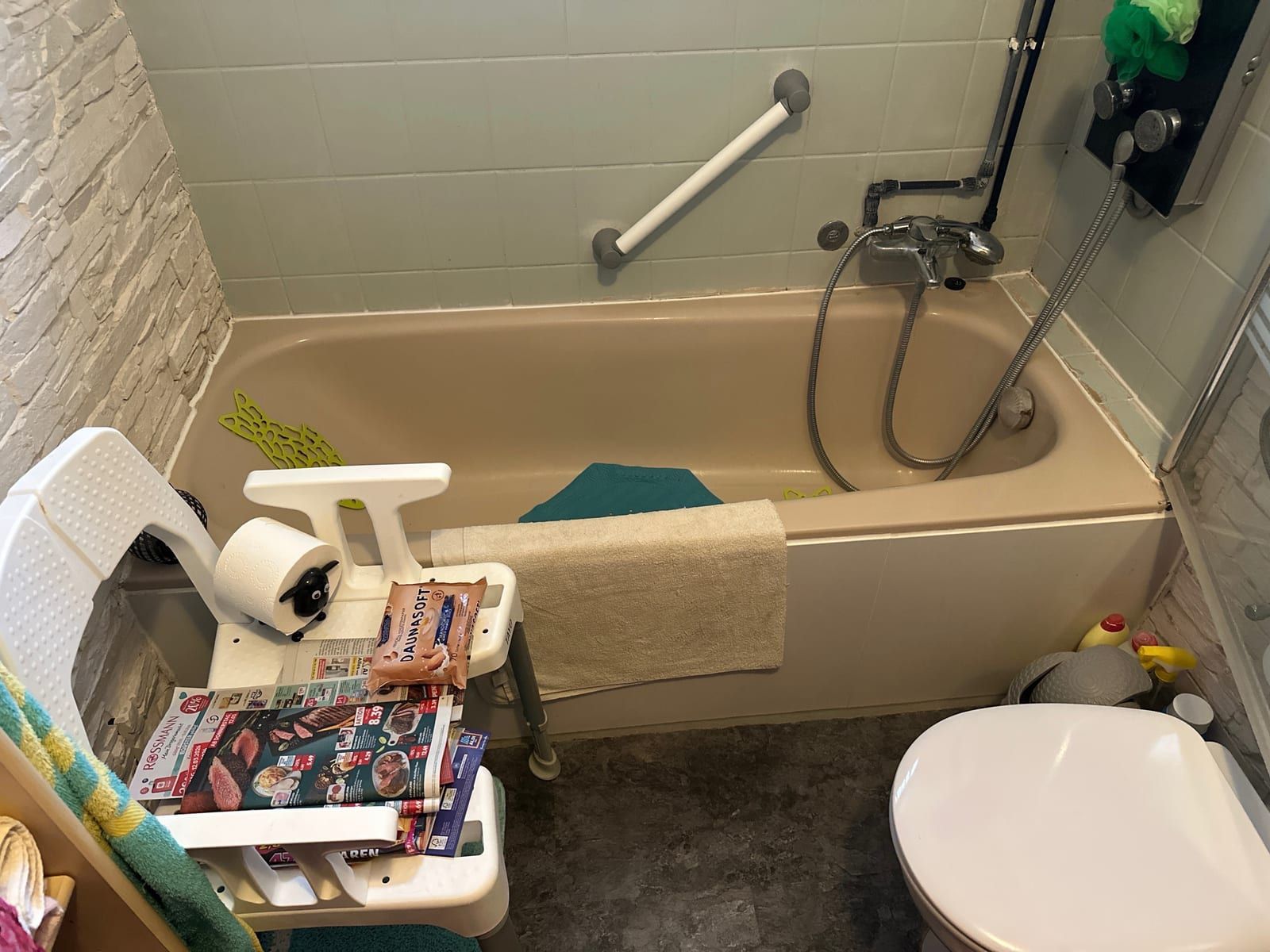Vorher: Badewanne mit Haltegriff, daneben das WC