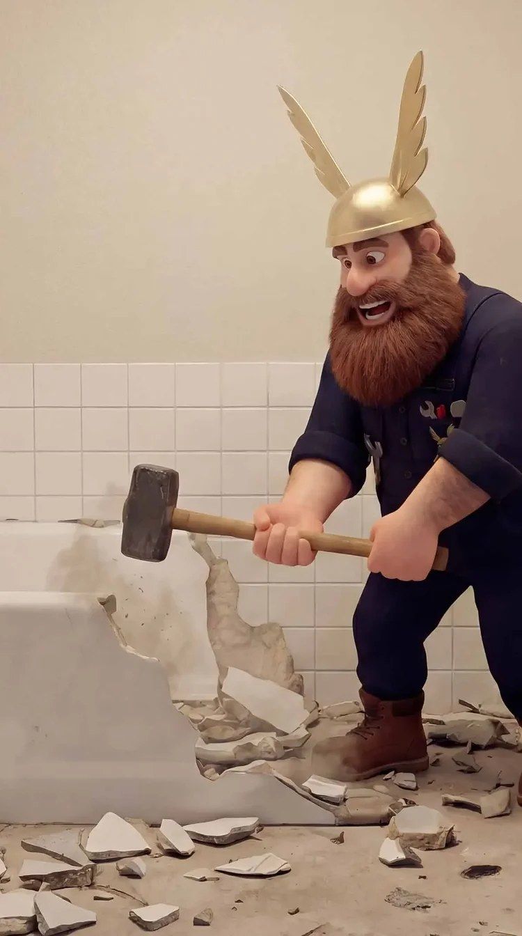 Meister Badelix holt mit dem Vorschlaghammer zum Schlag auf eine alte Badewanne aus