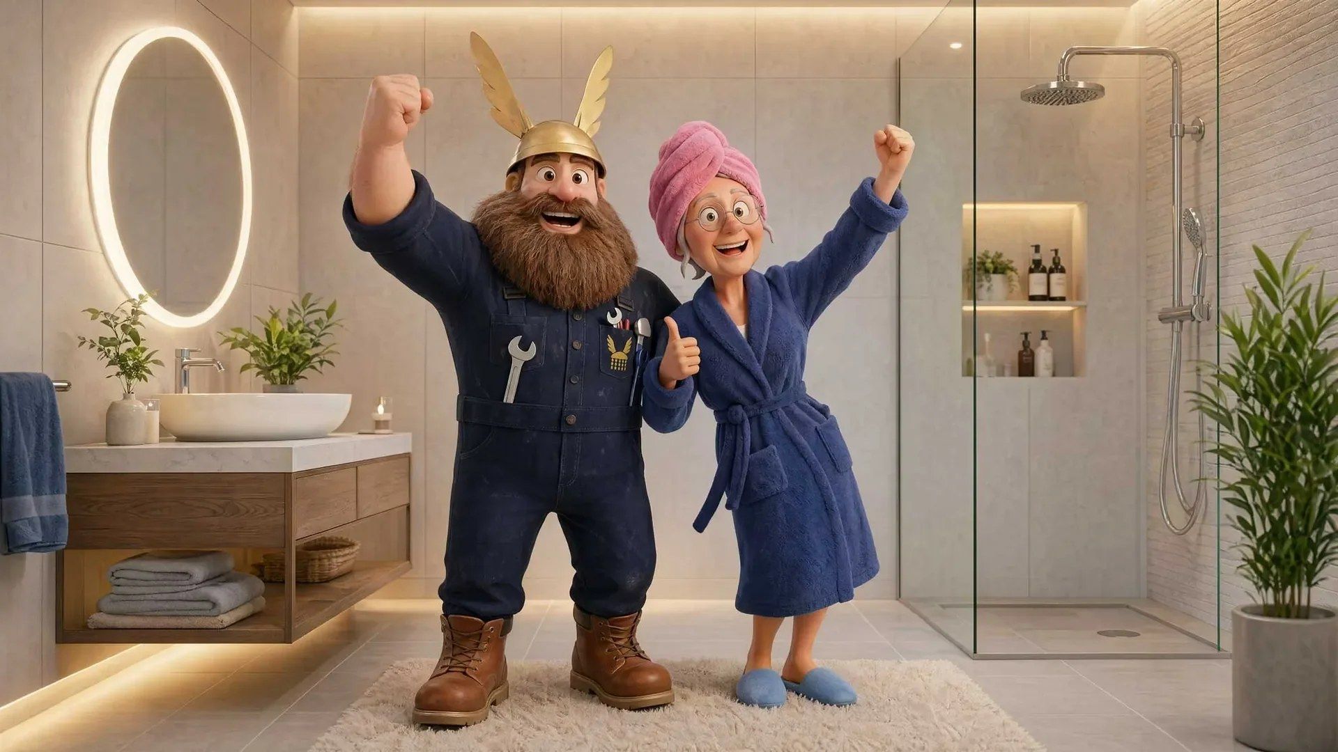 Meister Badelix und eine ältere Dame im Bademantel jubeln in einem neuen Bad mit Dusche