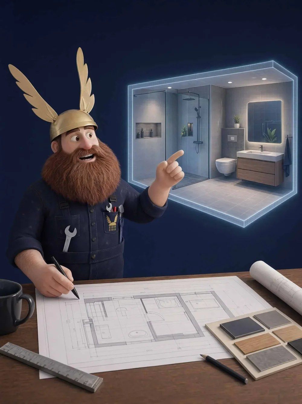Meister Badelix plant am Schreibtisch ein neues Bad, daneben ein 3D-Modell