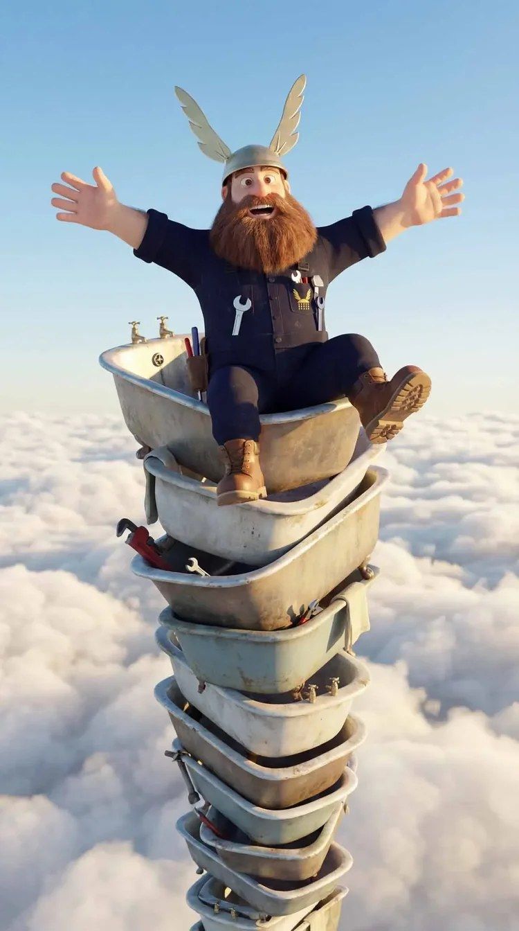Meister Badelix sitzt auf einem hohen Turm aus alten Badewannen über den Wolken