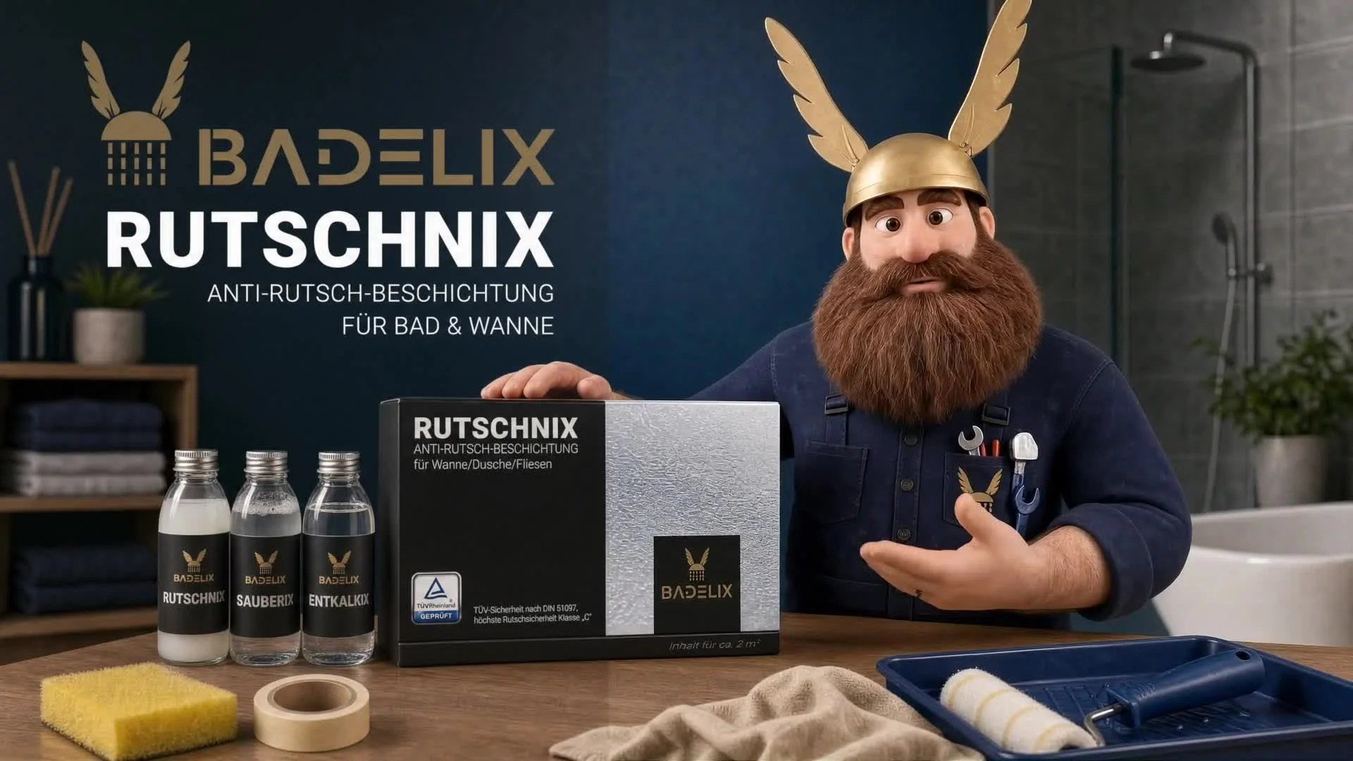 Meister Badelix am Tisch mit dem Rutschnix-Set: Flaschen, Walze, Schwamm und Klebeband