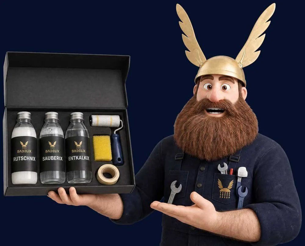 Meister Badelix hält das Rutschnix-Set mit Flaschen, Walze und Schwamm